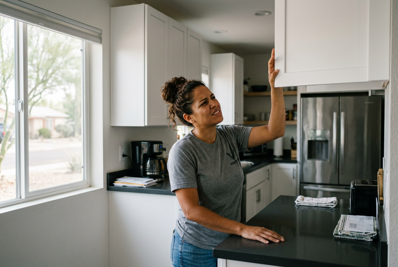 A Hispanic woman veteran in her kitchen reaching toward an upper cabinet, grimacing with shoulder pain as her arm stalls below shoulder level