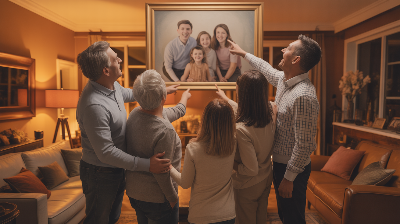 Family gathered around a large custom family portrait painting in their living room