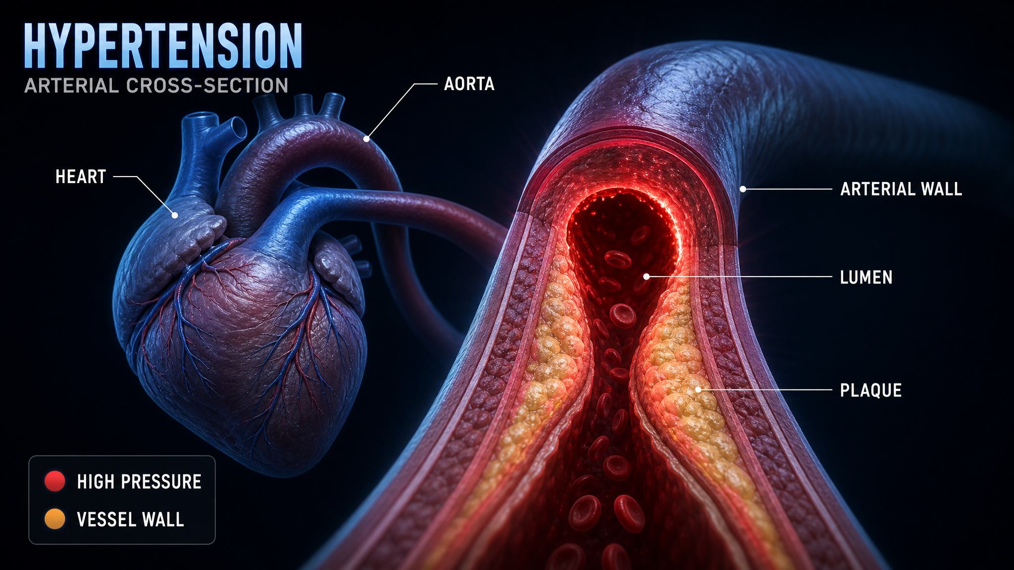 Cardiovascular diagram showing high pressure and narrowed arterial wall in hypertension