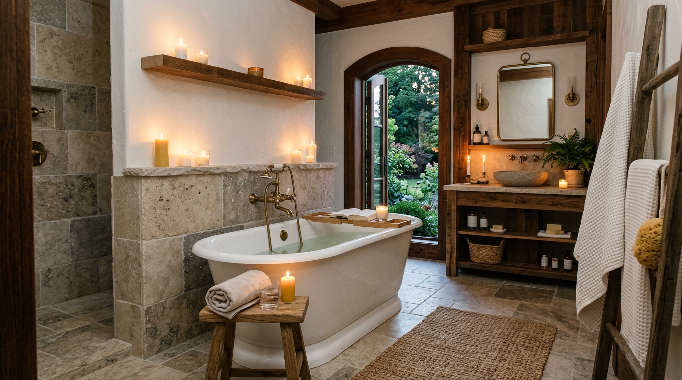 Serene natural stone and wood spa bathroom with brass fixtures