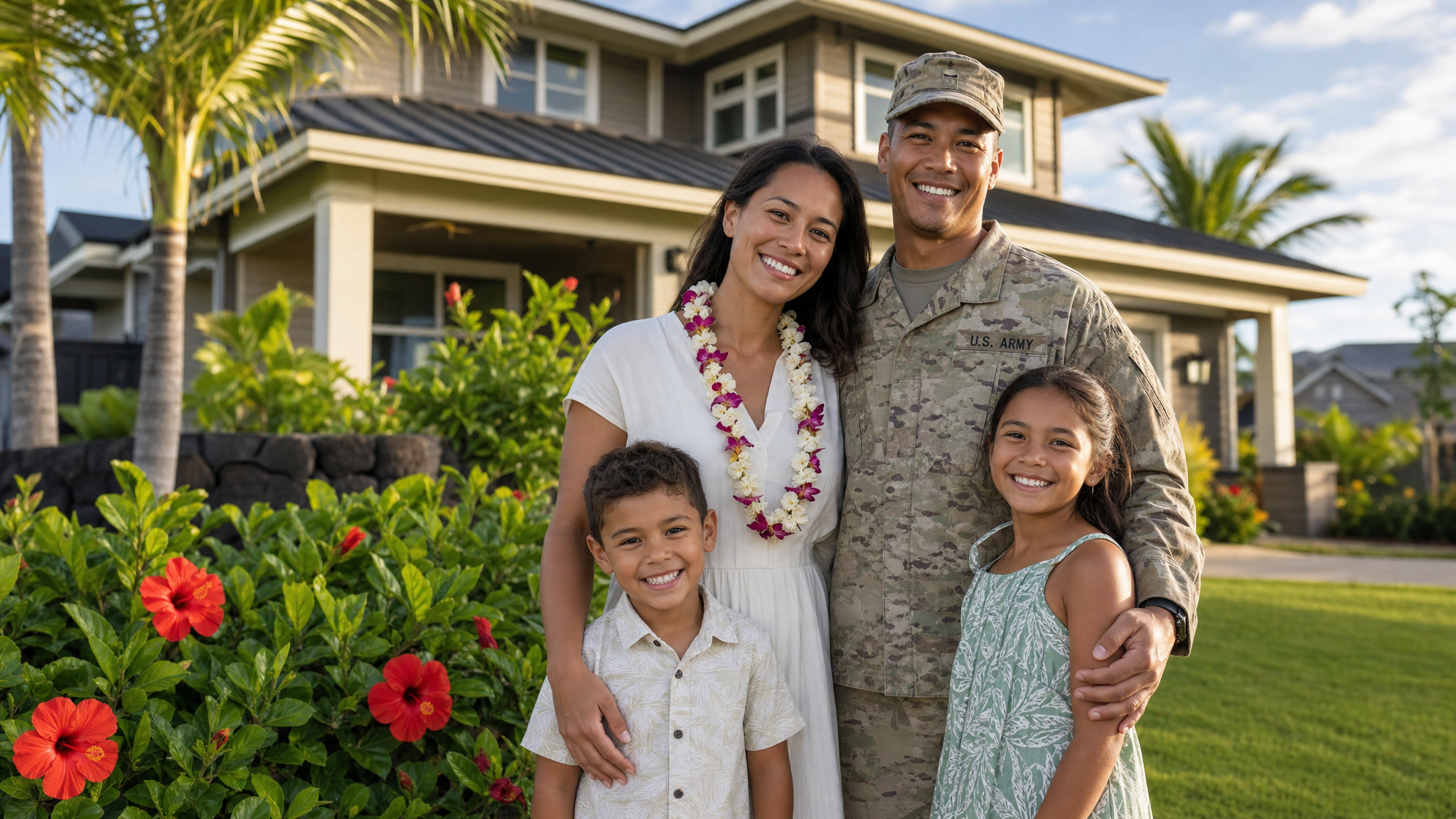 Happy military family in front of their new home in Hawaii