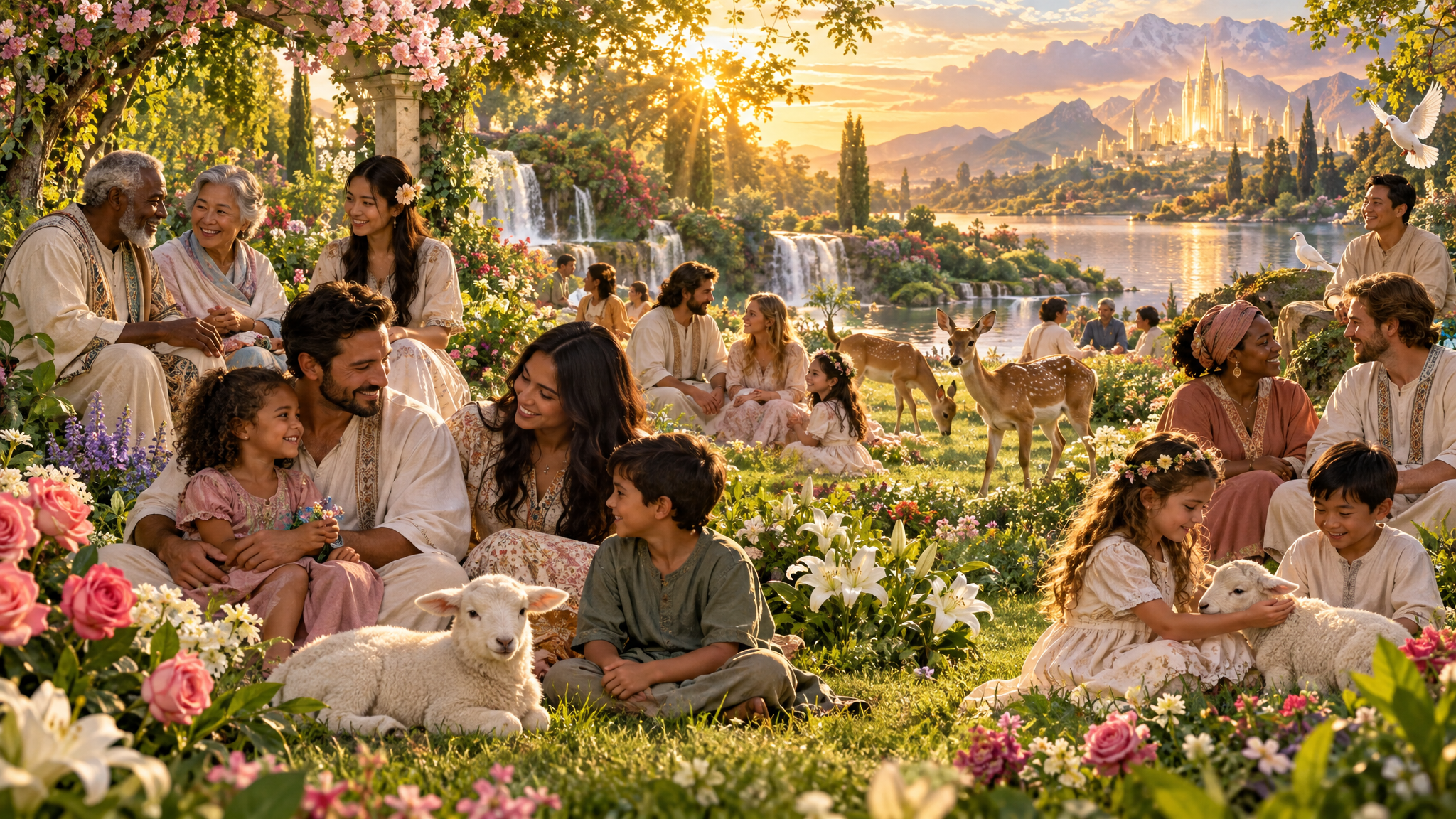 Comunidad de personas de todas las edades reunidas con animales en un jardín celestial