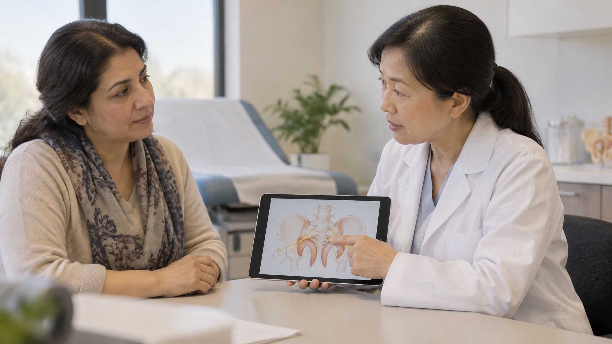 A woman veteran listening as a female physician points to a pelvic nerve diagram on a tablet