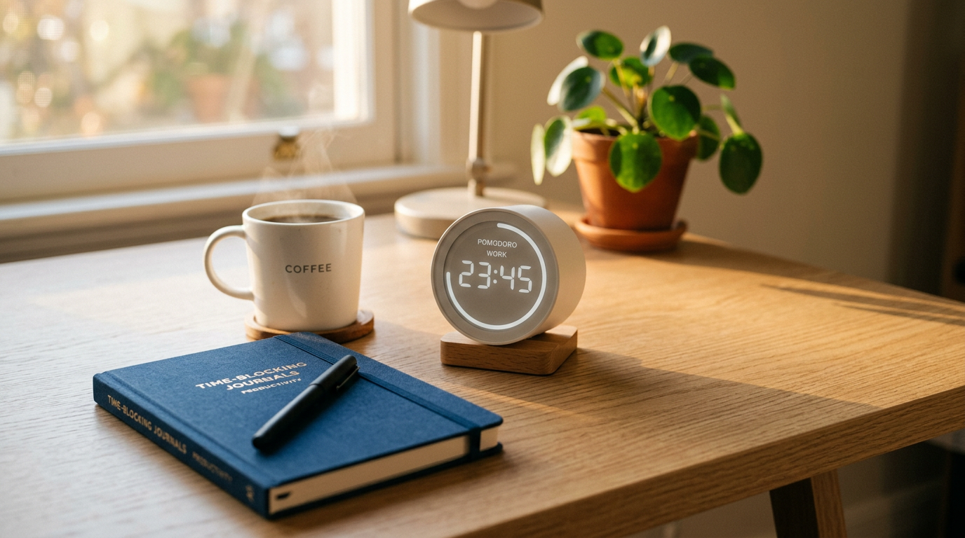 Timer Pomodoro minimalista em mesa organizada com café — técnica de blocos de tempo para trabalho profundo
