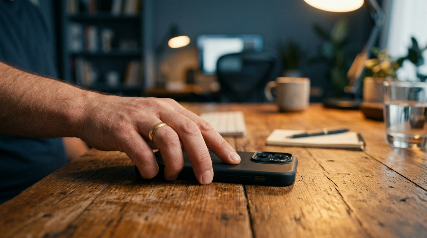 Mão silenciando o celular na mesa para bloquear interrupções