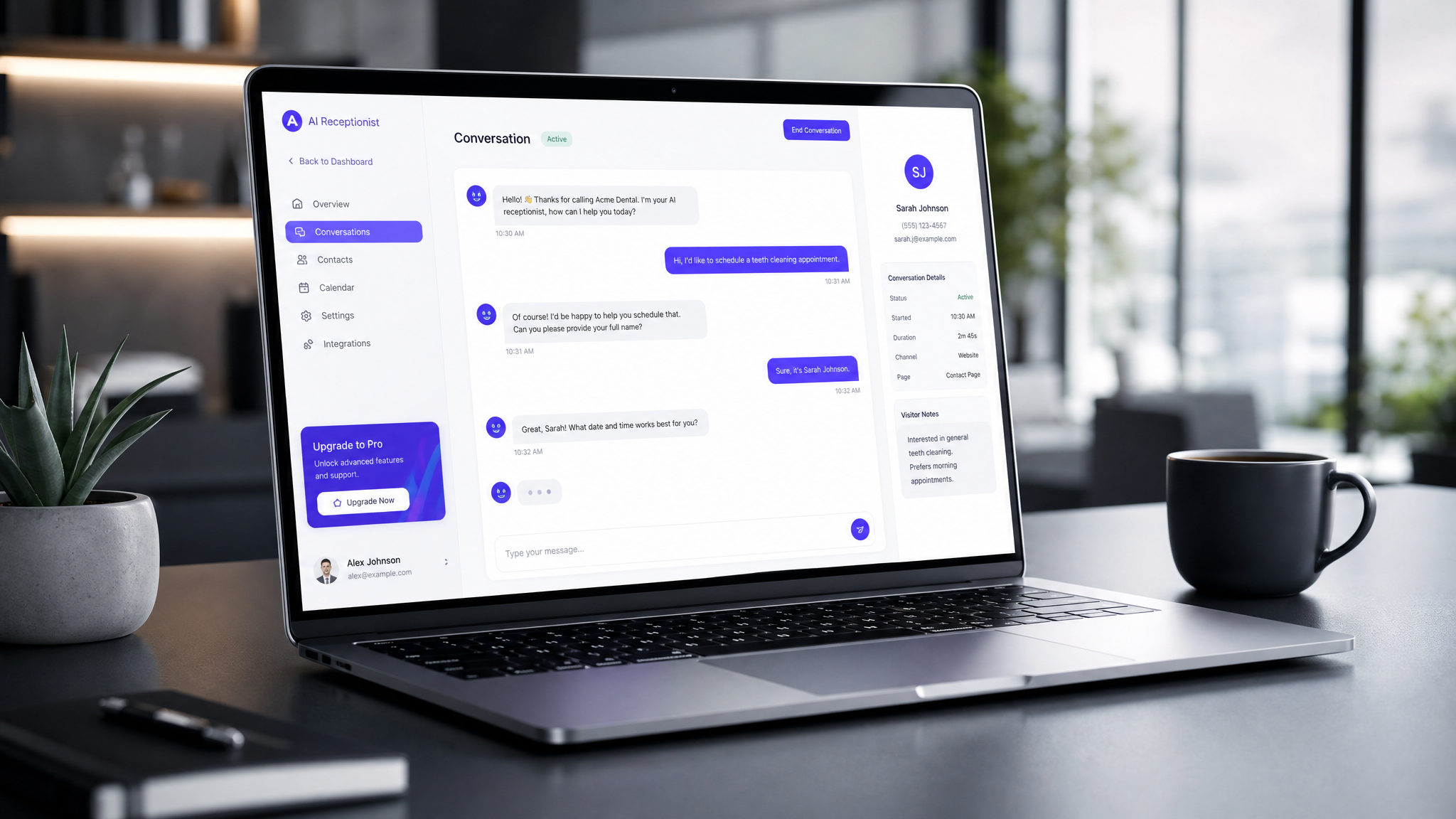 AI Receptionist dashboard showing intelligent chat conversations and lead management