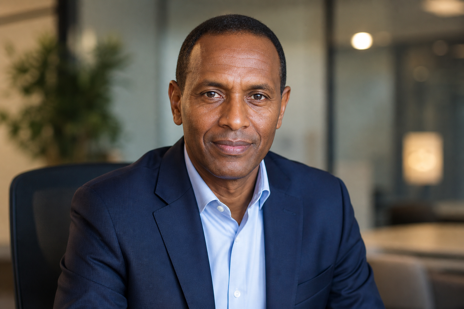 Distinguished East African male VA-accredited disability advocate in his late forties with close-cropped hair wearing a navy blazer in a professional office portrait