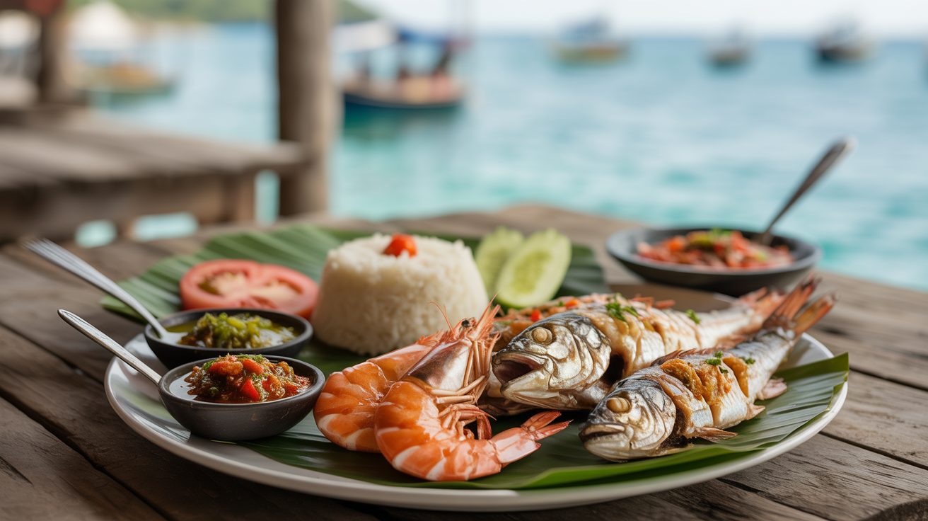 Fresh grilled fish and prawns served with traditional Balinese red and green sambal sauces, steamed rice, and ocean view in background