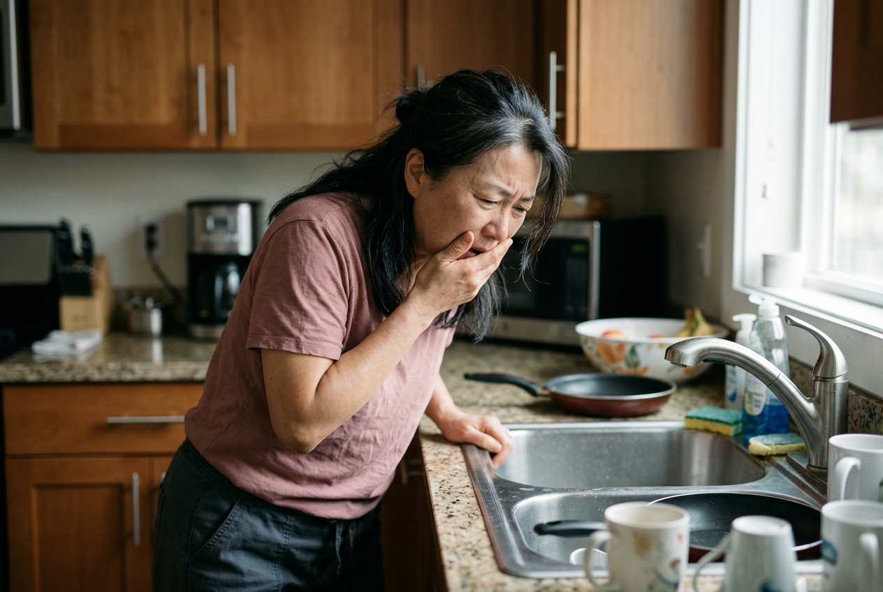 Asian female veteran in her 50s in a kitchen leaning over the sink with one hand at her throat showing distress from acid regurgitation