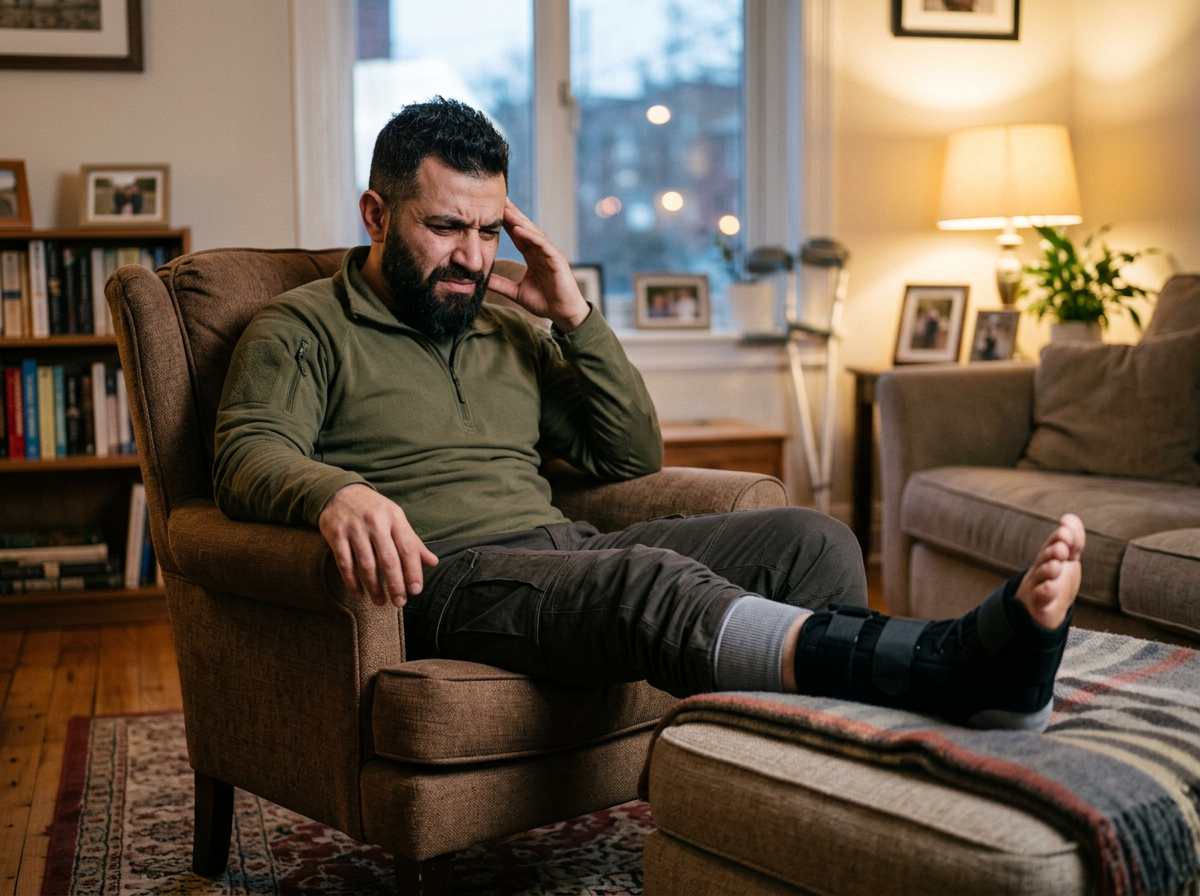 A Middle-Eastern male veteran in his 30s sitting in a living room chair with his foot elevated on a stool, wearing a visible ankle brace