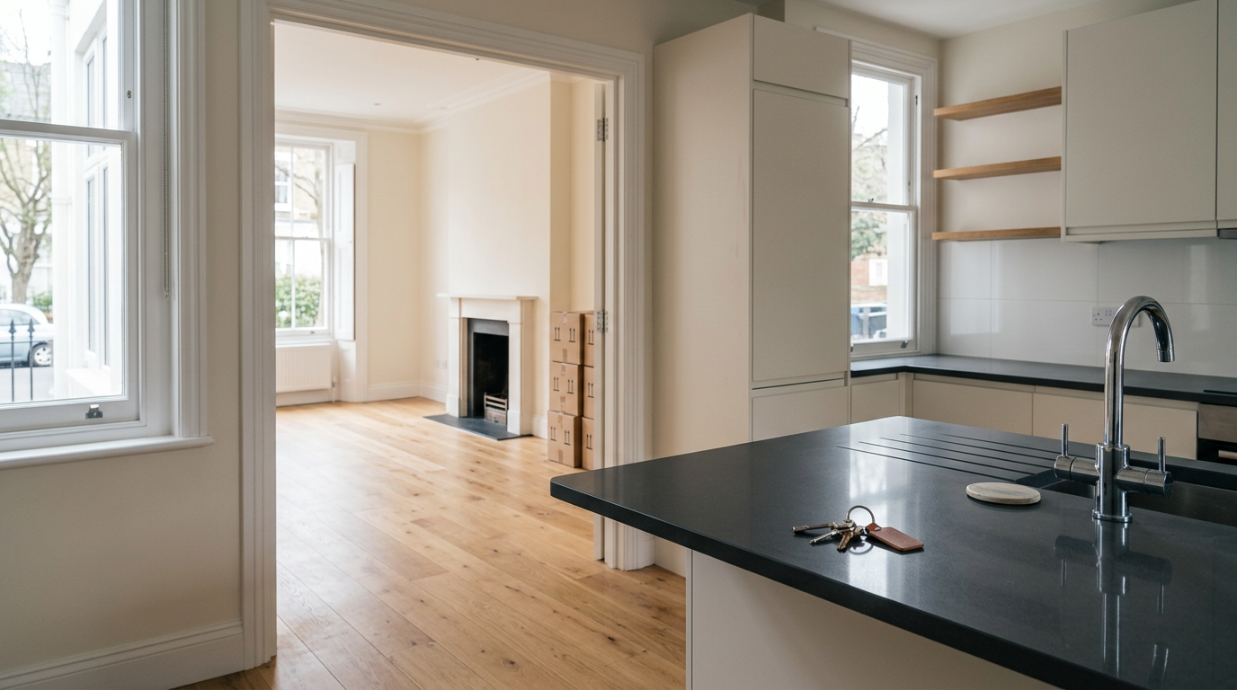 Keys and moving boxes in an empty UK rental property left by an ex-tenant with rent arrears
