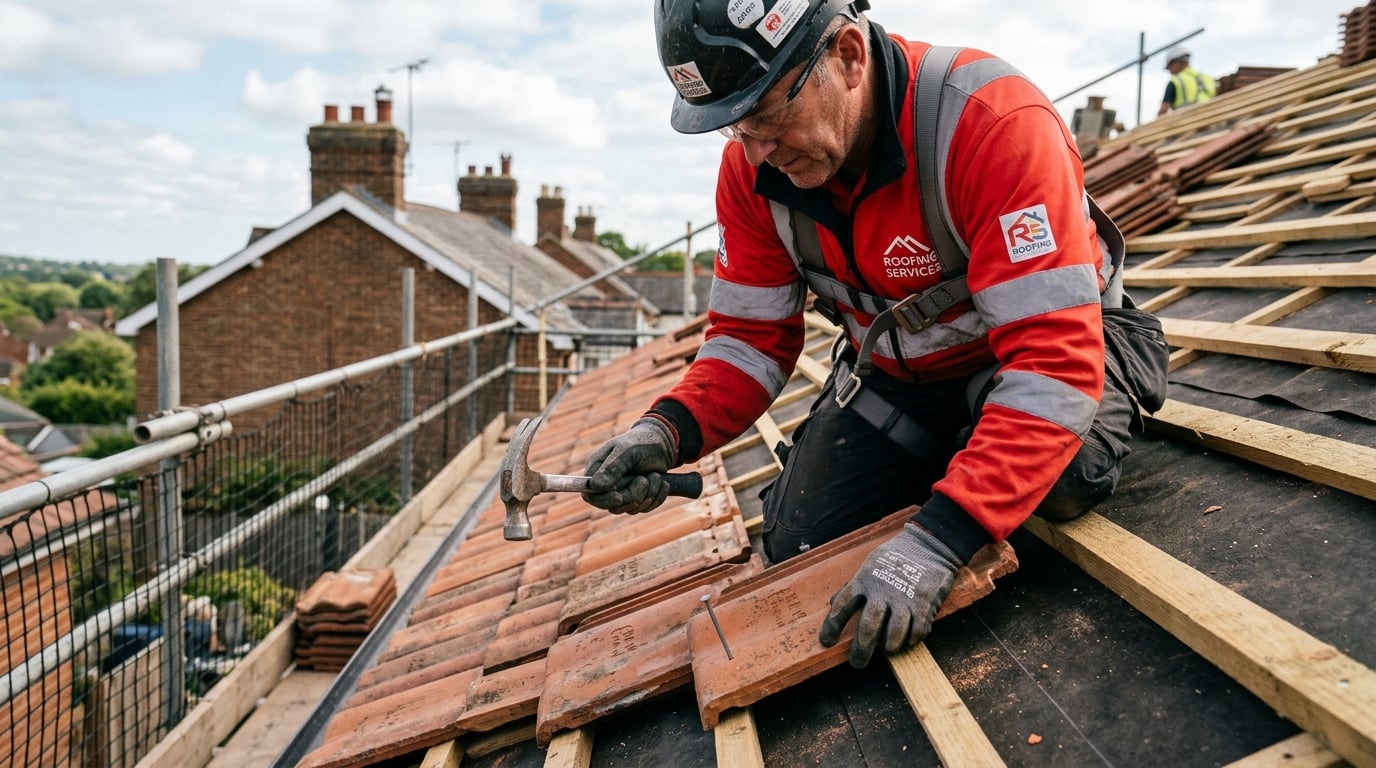Roofer nailing tiles onto a new roof