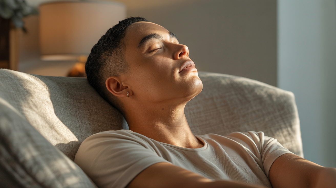 LGBTQI+ person experiencing calm and recovery from stress through therapy