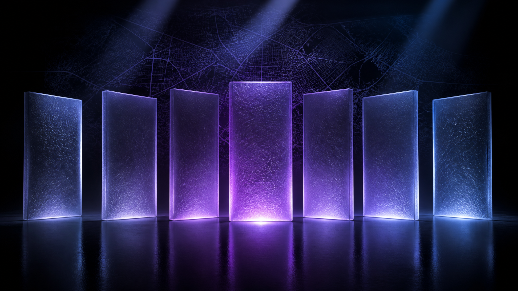Six frosted glass panels arranged in a grid floating in the dark, one central panel glowing bright violet, with a faint map grid of South Africa and Gauteng behind them