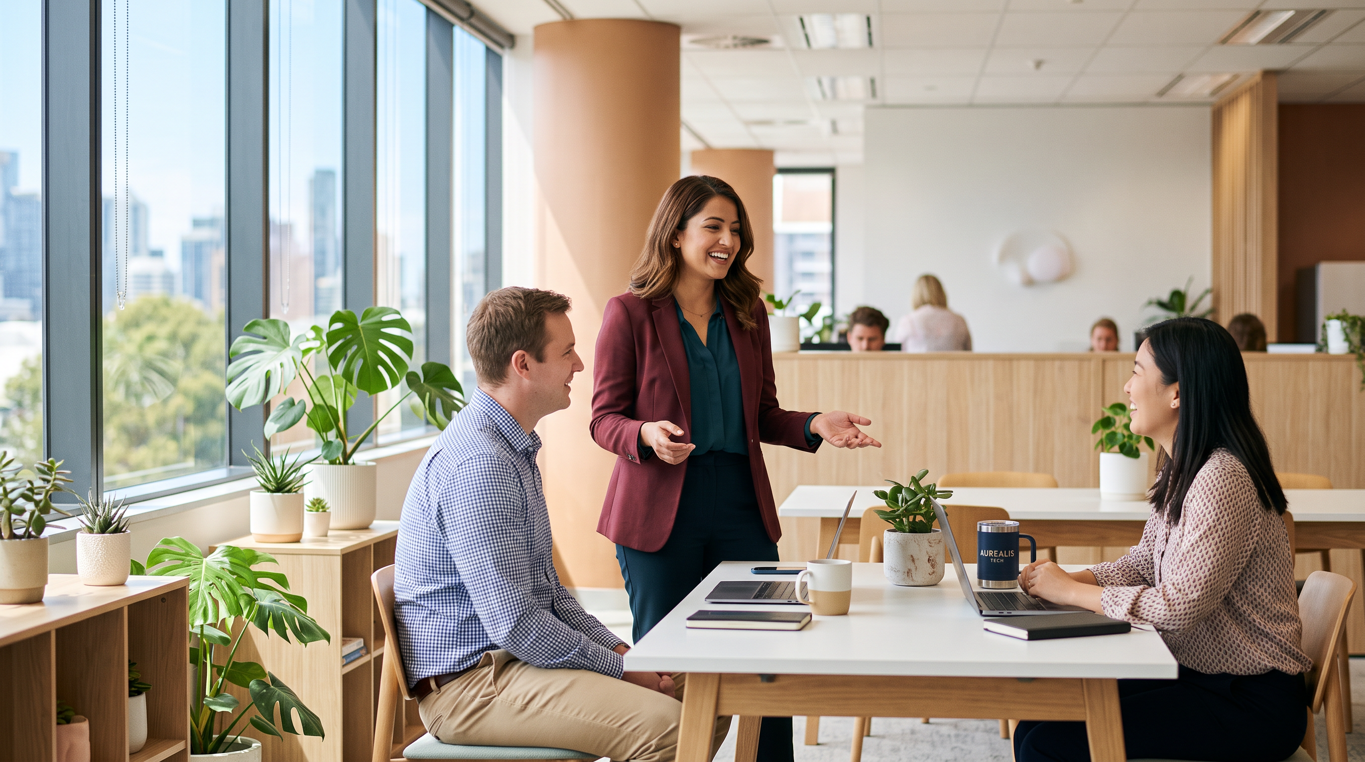 A Nepali-background young professional woman speaking with colleagues in a bright Australian workplace