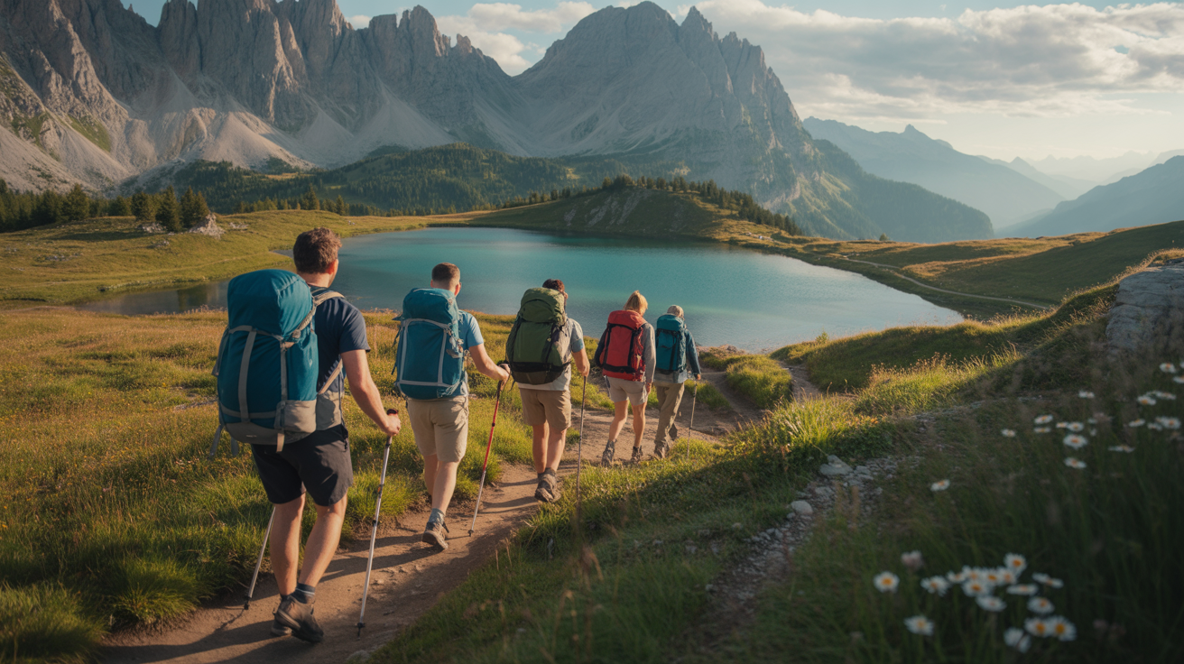 Wandern zu Bergseen im Allgäu - Wanderer auf Bergpfad nähern sich einem türkisfarbenen Bergsee mit dramatischer Alpenkulisse