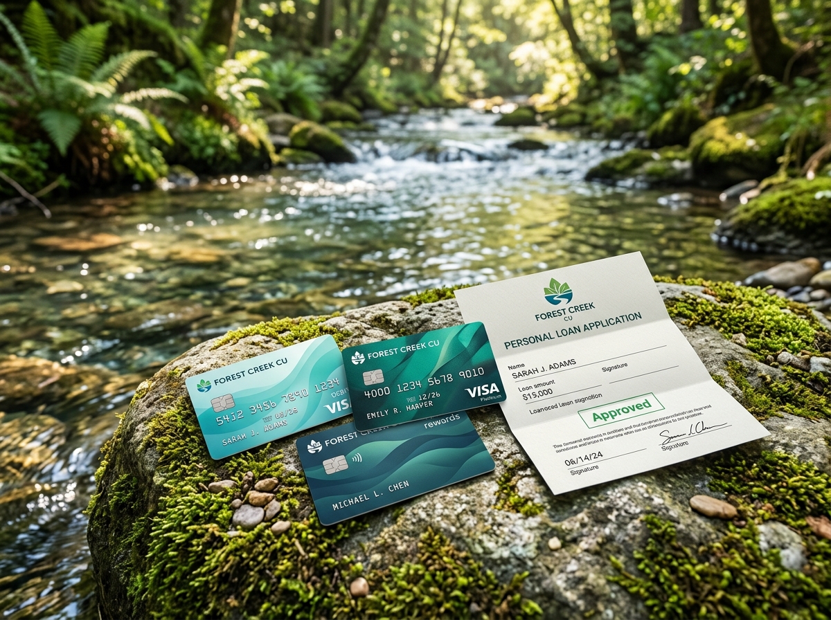 Nature-inspired credit cards and loan documents arranged on a mossy stone beside a clear flowing stream