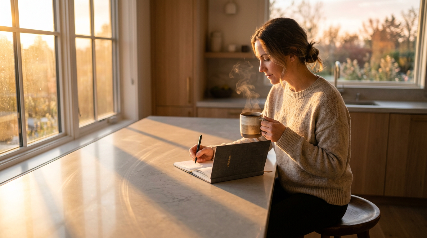 Pessoa em bancada de cozinha minimalista com diário e café fumegante, primeiros raios de sol criando listras douradas