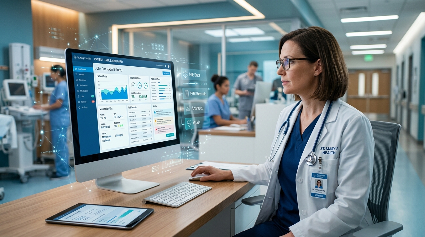 Health informatics professional using medical data dashboards