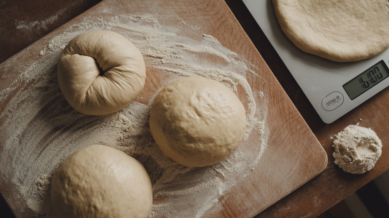 Three sourdough pizza dough balls at different proof stages on floured wooden peel with kitchen scale
