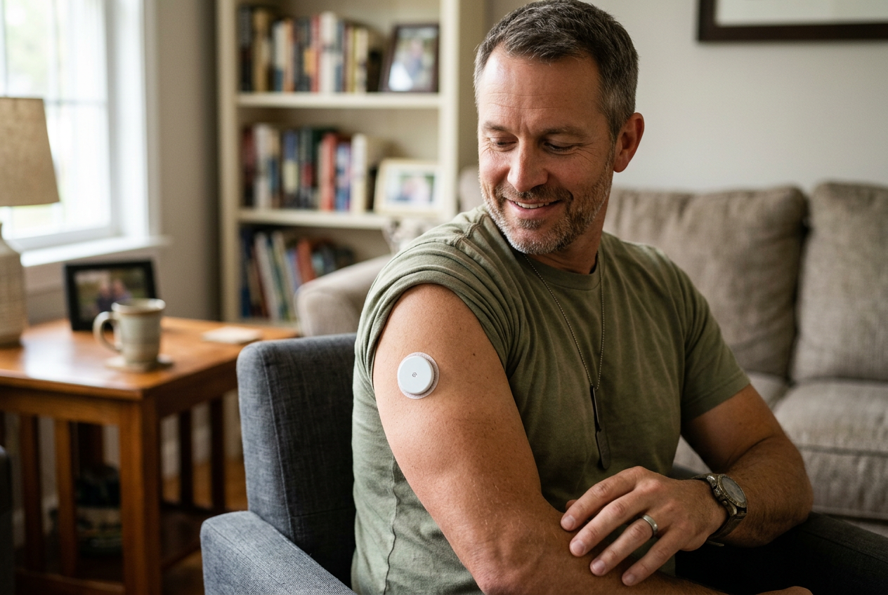 Male veteran in a home setting showing a continuous glucose monitor sensor attached to his upper arm