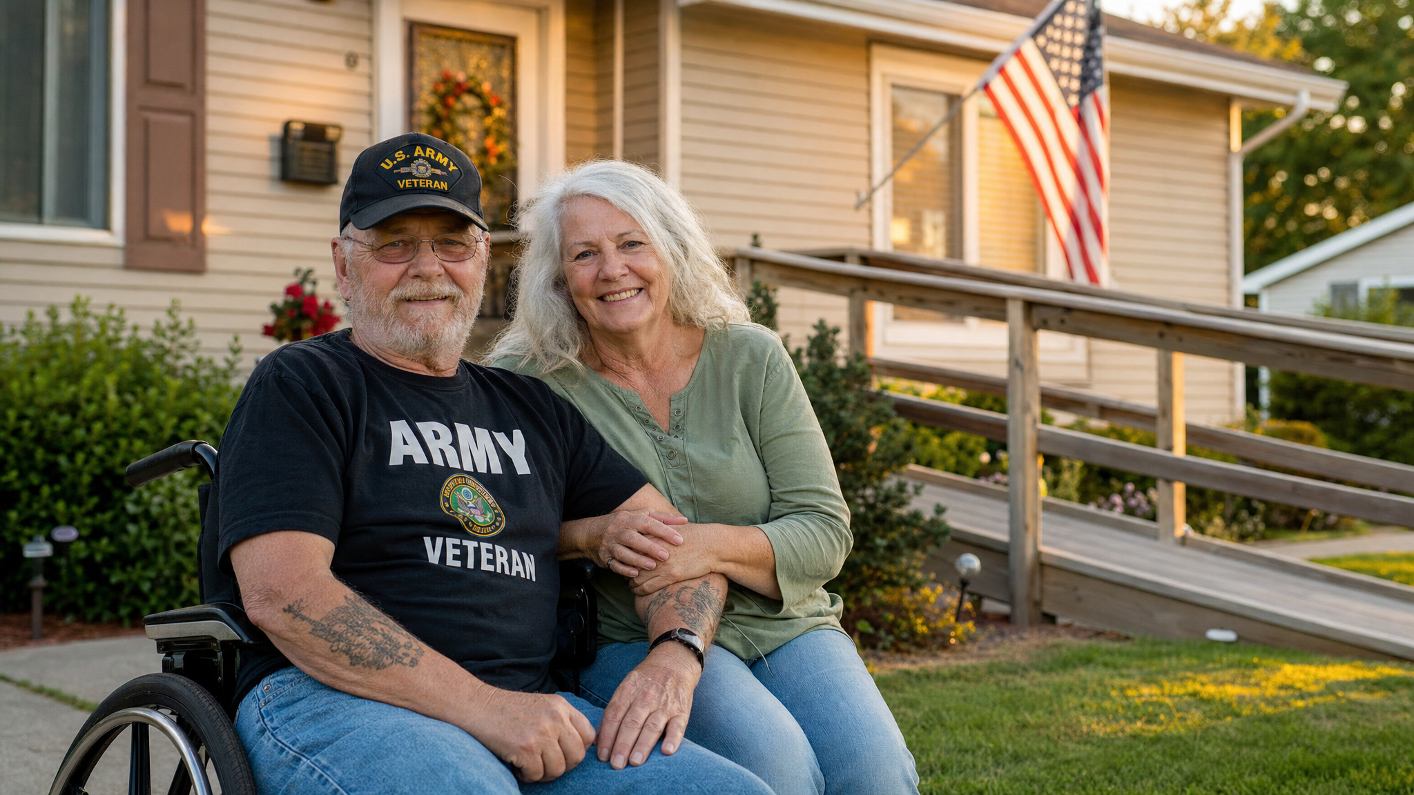 A white veteran who uses a wheelchair and his wife outside their specially adapted accessible home