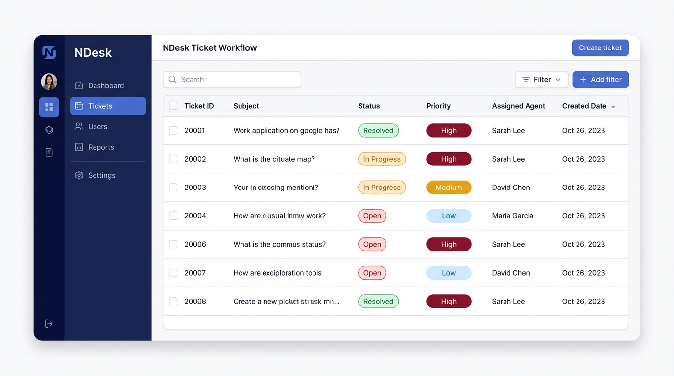 NDesk Ticket Workflow — ticket list with status labels and priority badges