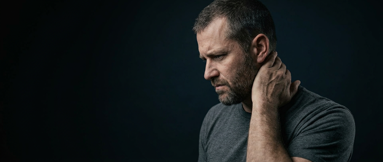 A veteran standing in three-quarter profile with one hand gripping the back of his neck, head tilted forward, jaw set against chronic cervical pain