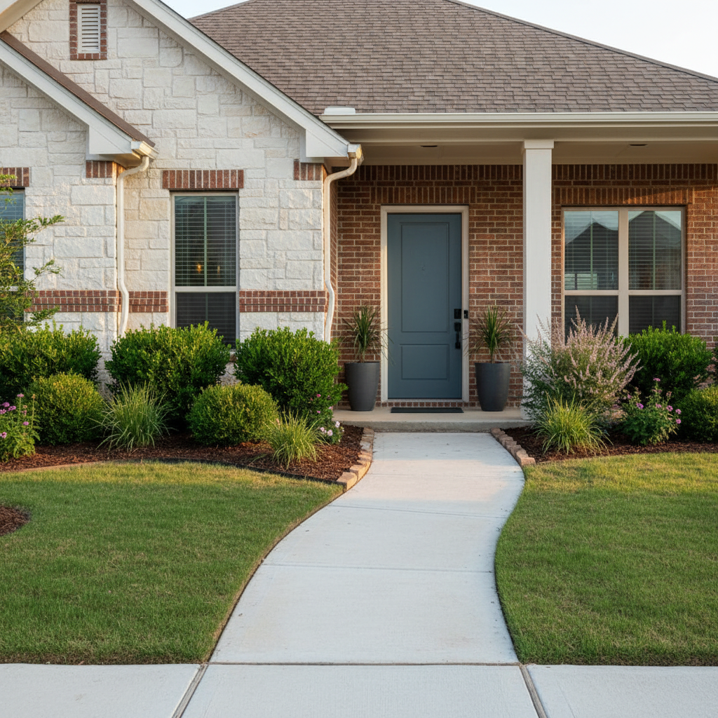 Front yard of a Leander home after curb appeal refresh with trimmed hedges and fresh mulch
