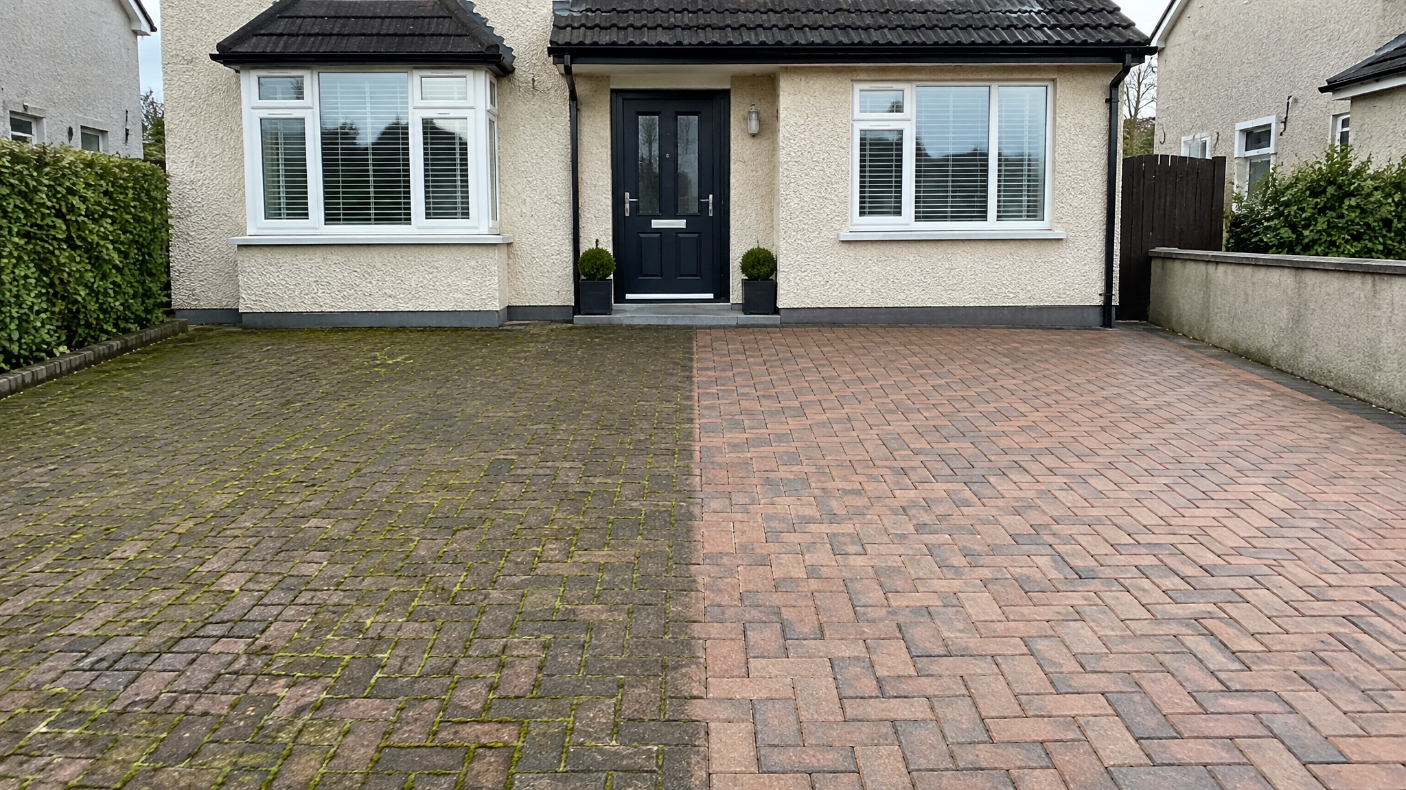 Before and after block paving driveway cleaning on an Irish home