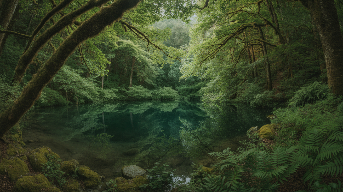 Versteckte Seen im Allgäu - Kleiner verborgener Waldsee mit mysteriöser Atmosphäre und üppiger Vegetation abseits der Touristenpfade