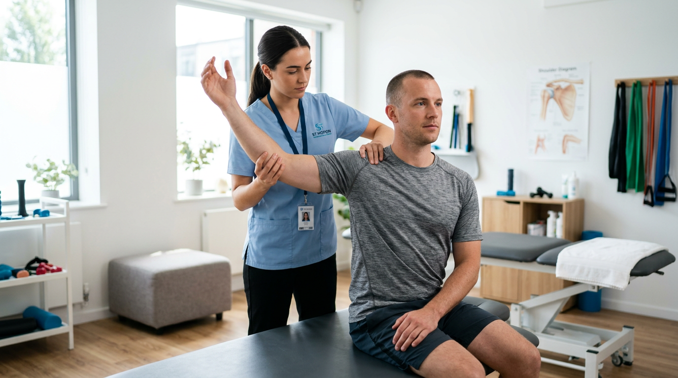 Physiotherapist performing a shoulder range of motion assessment on a patient in a clinical setting