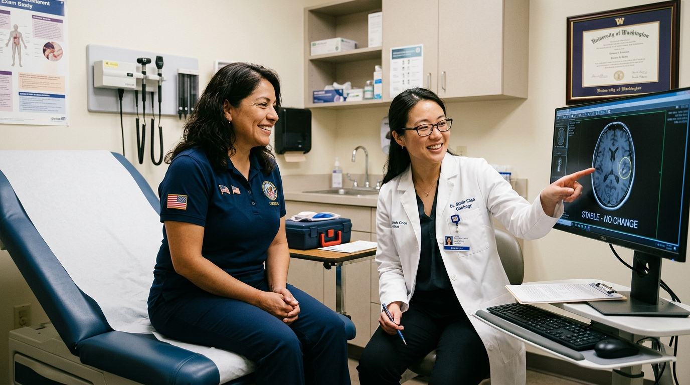 A woman veteran reviewing scan results with her physician