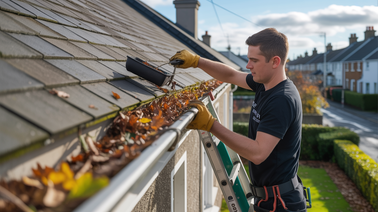Professional gutter cleaning removing leaves and debris from Irish house gutters