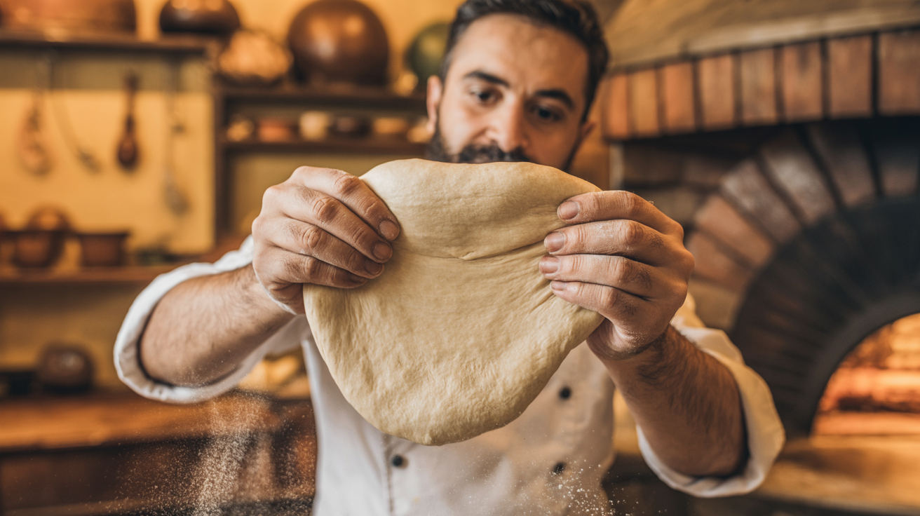 Professional pizzaiolo hand-stretching pizza dough using traditional Neapolitan techniques