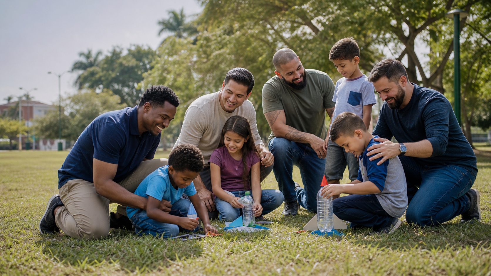Diverse group of fathers helping their children build bottle rockets together at a Florida community park