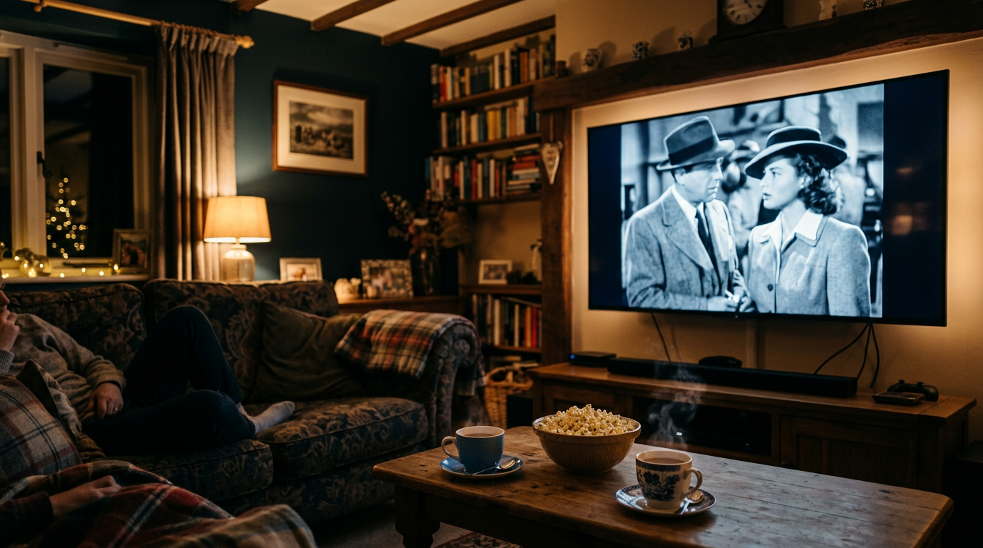 A television showing a film, with a bowl of popcorn and a mug of tea on the table in front of it