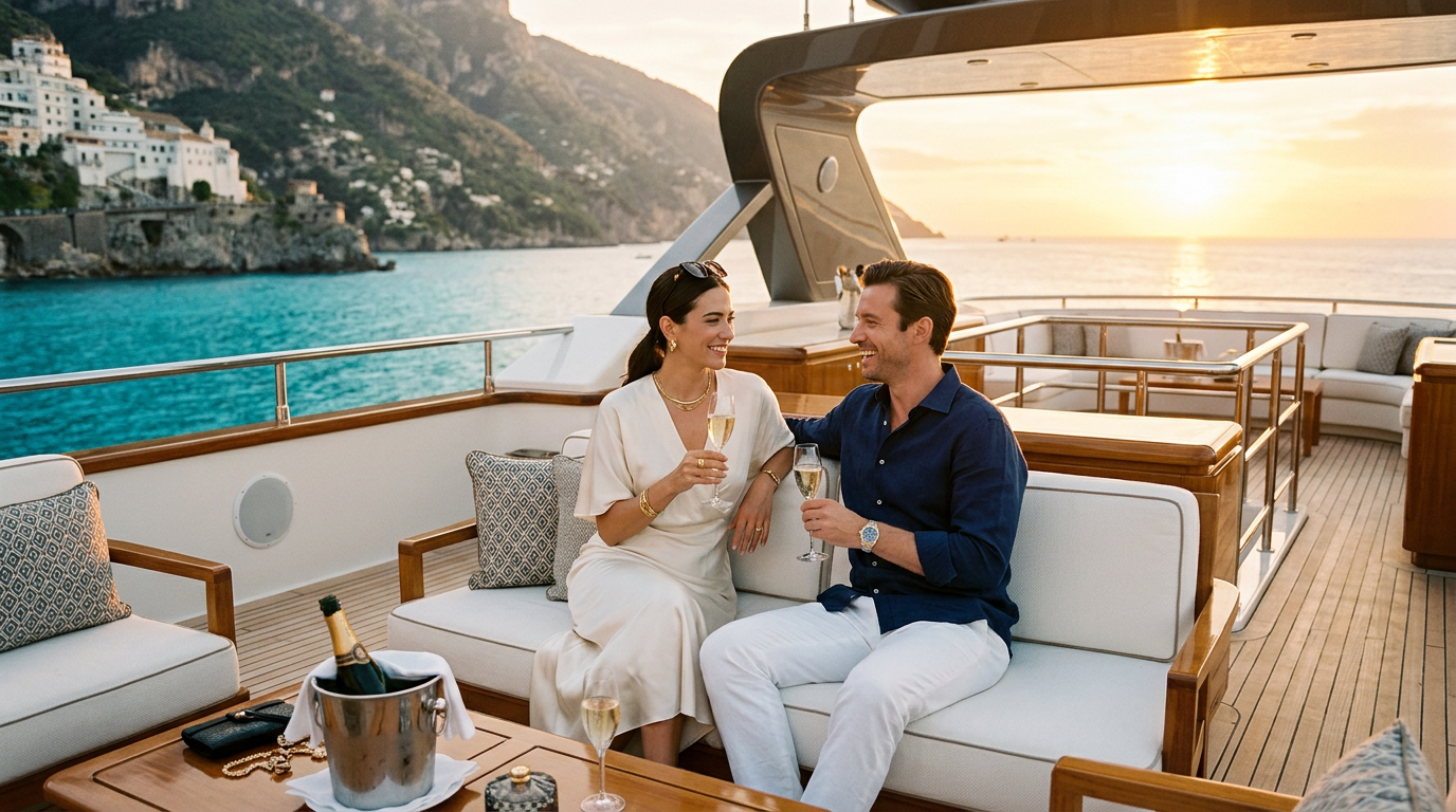 Guests on the sun deck of a yacht during a charter voyage