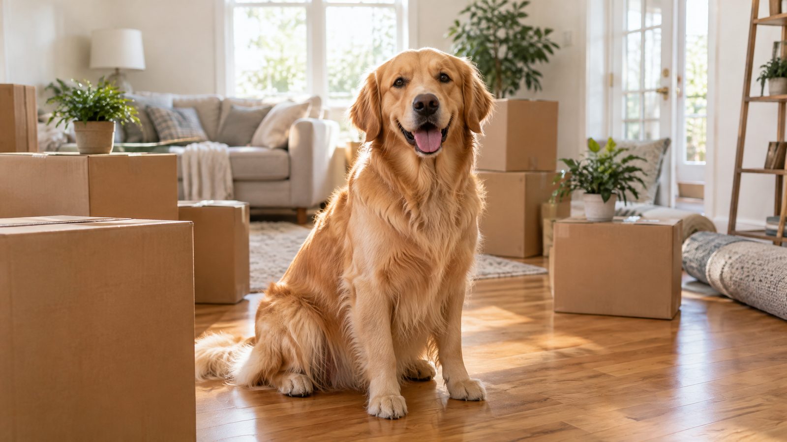 Happy dog sitting among moving boxes — Appleton, Wisconsin
