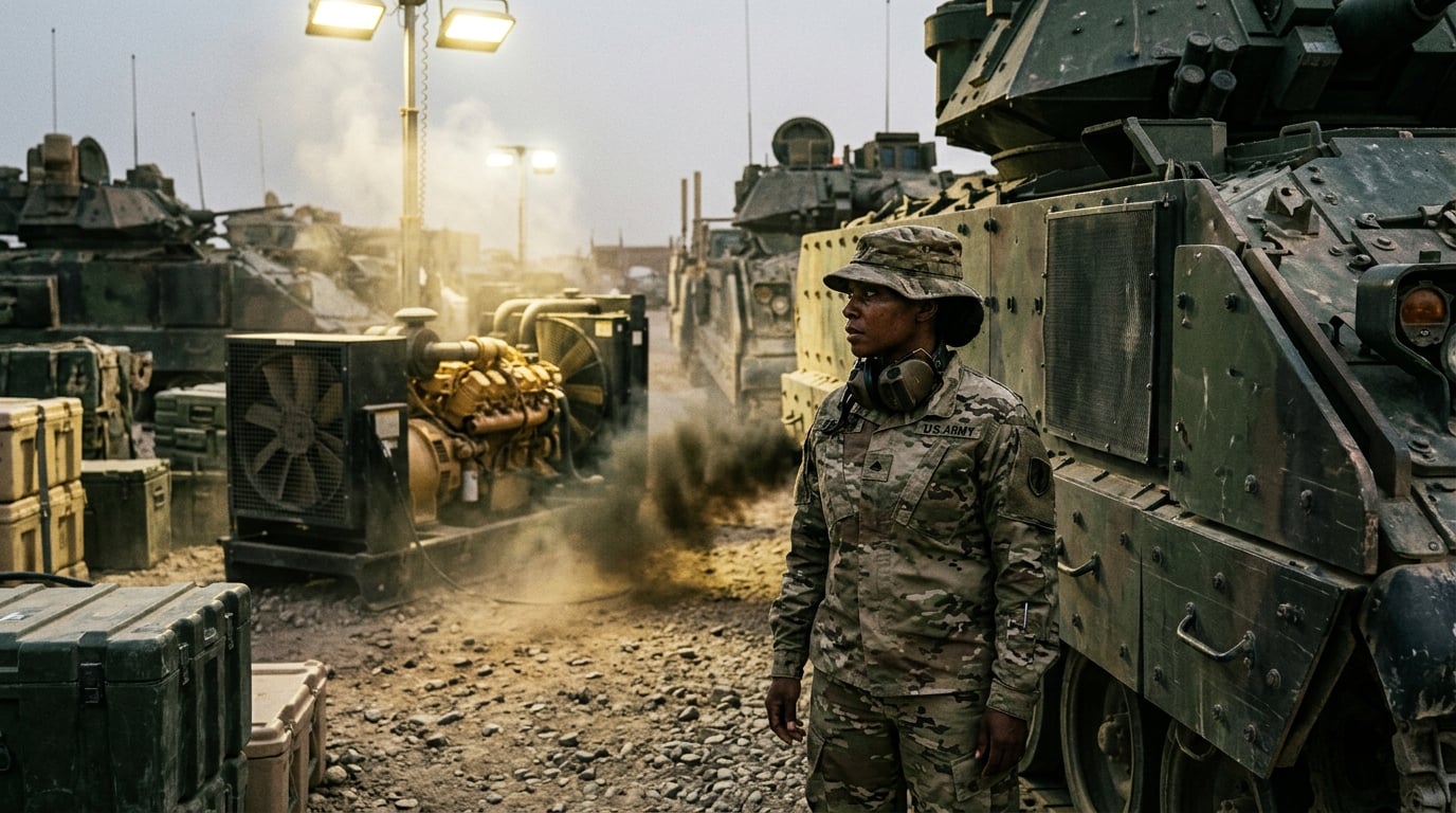 A woman soldier near loud vehicles