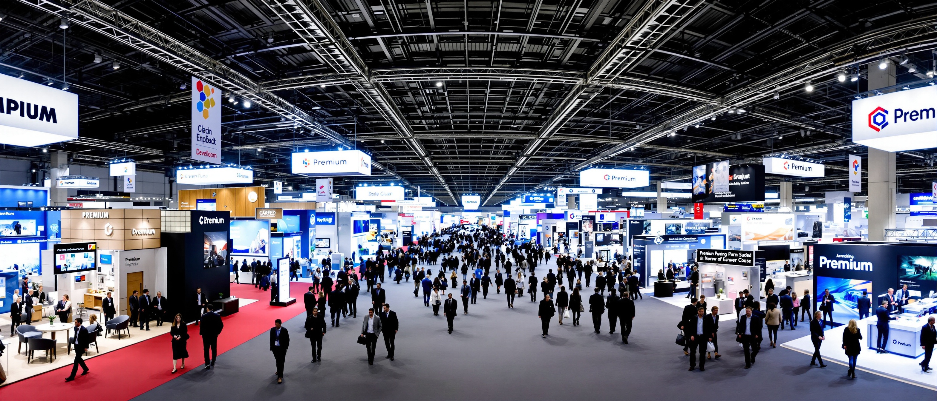 Panoramic view of a major international trade fair exhibition hall with premium exhibition stands