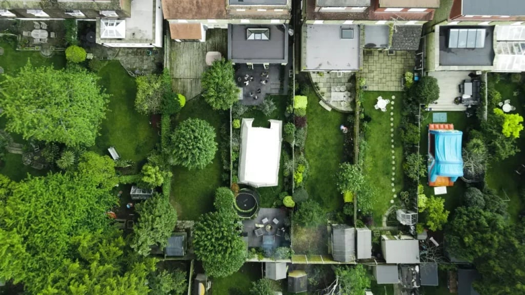 Aerial view of a designed garden layout with different zones