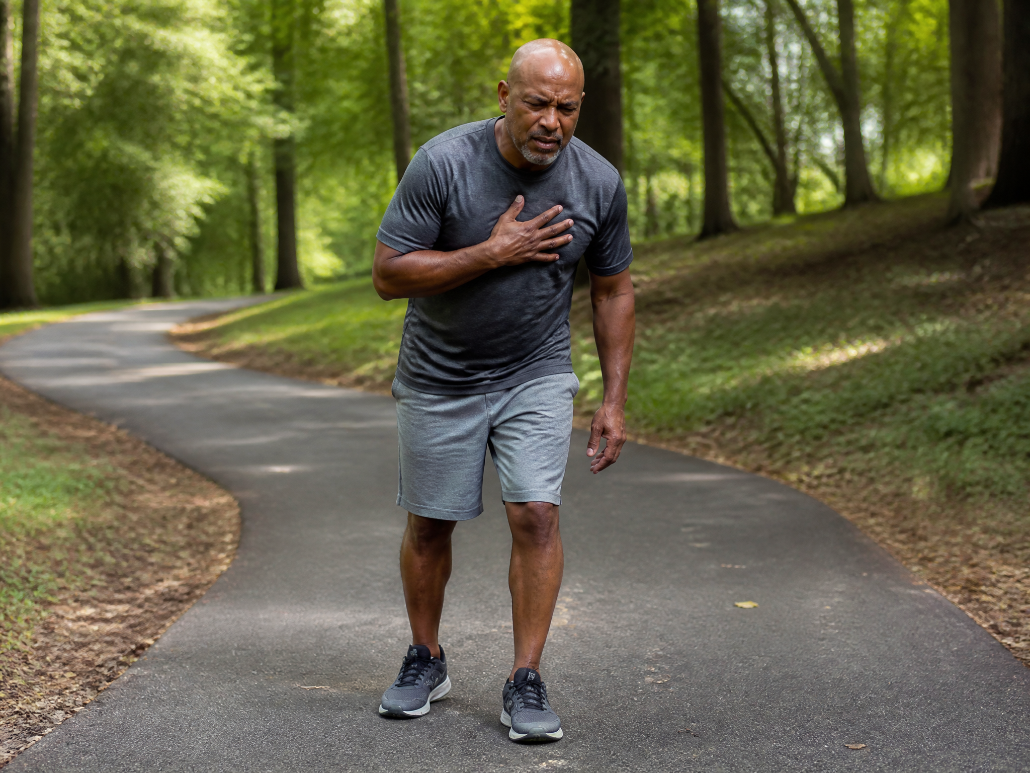 Black male veteran in his 50s stopped on a walking trail pressing his hand to his chest with a grimace of angina pain during exertion
