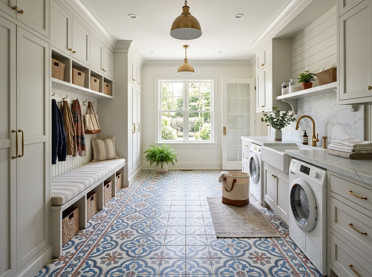 Luxury mudroom with decorative tile floor installation