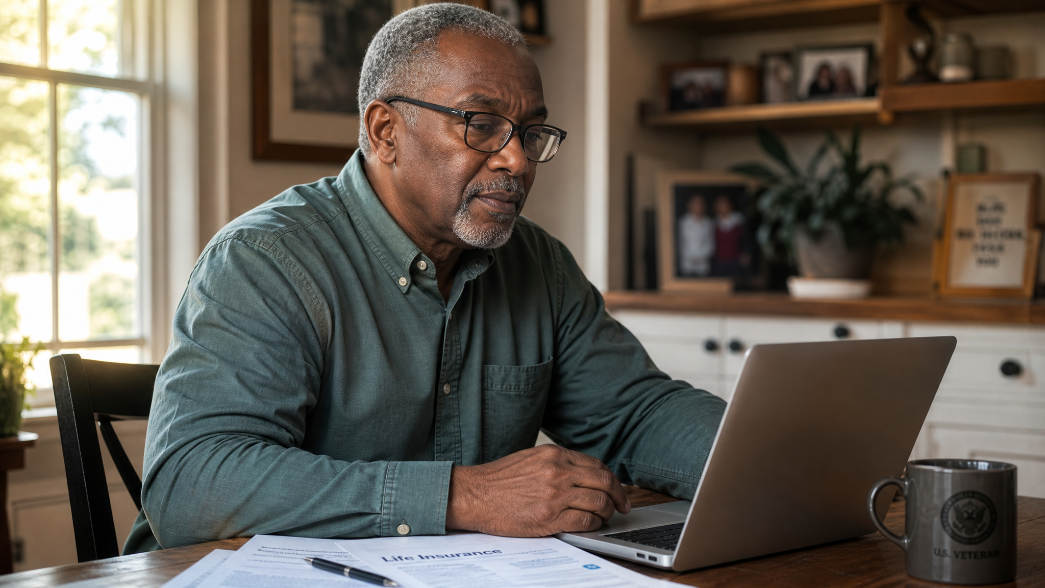 A Black male veteran in his late 50s at his kitchen table reviewing life insurance paperwork on a laptop