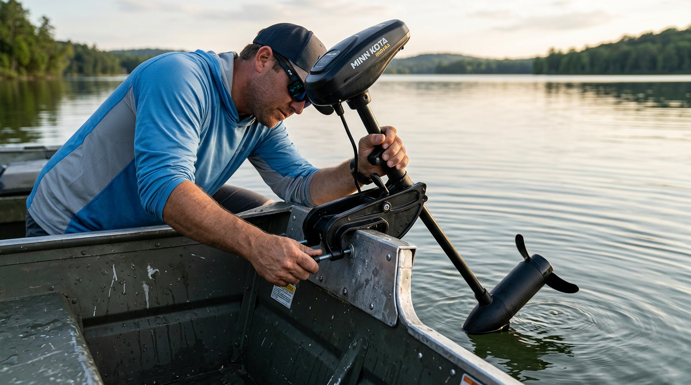 Angler installing a Minn Kota Endura transom mount trolling motor on the back of a freshwater fishing boat
