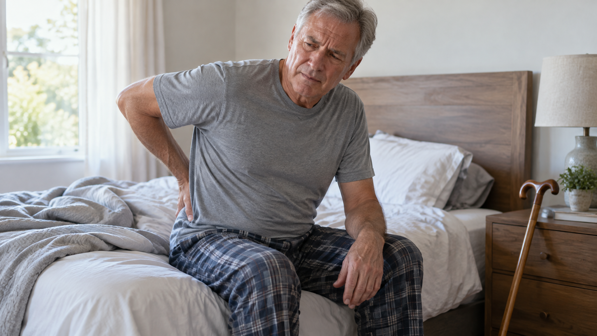 Veteran sitting on the edge of his bed in the morning holding his lower back with a cane leaning on the nightstand