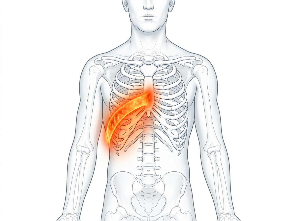 Illustration of a torso with a glowing orange band of pain wrapping around one side of the rib cage from spine to breastbone