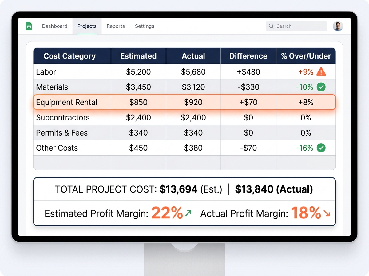 Contractor job cost tracker spreadsheet showing estimated vs actual costs and budget variance