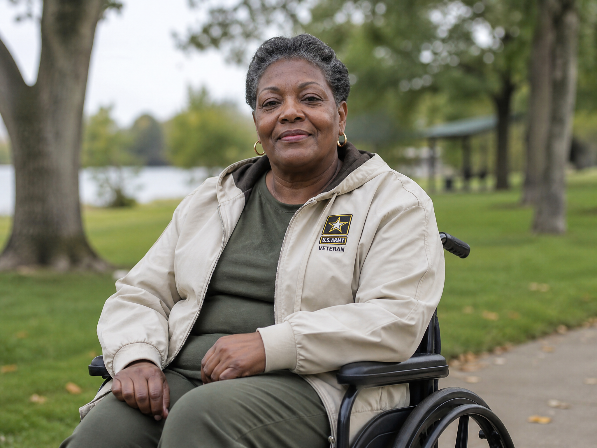 A veteran in a wheelchair outdoors in a park